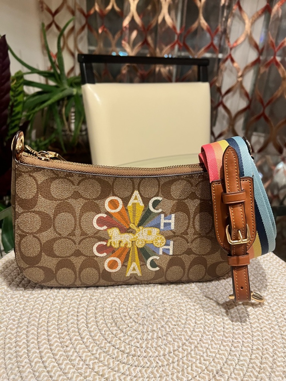 Coach Brown Signature Crossbody with Rainbow Strap - Picture 2 of 9